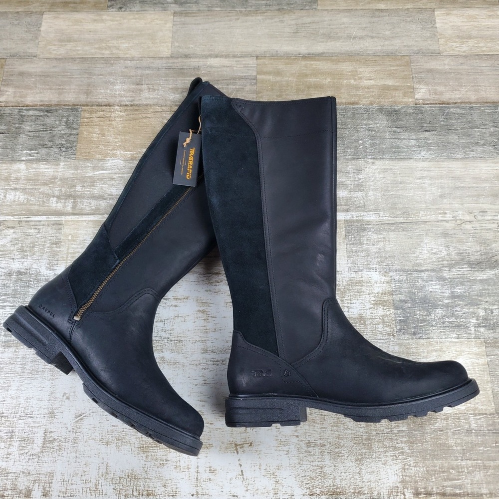 Teva Rowena Womens Tall Boots Sz 8 Black Leather Round Toe Side Zipper Comfort